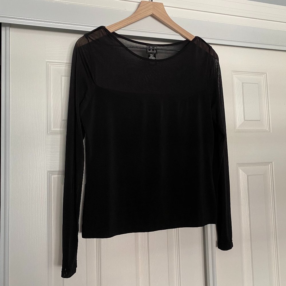 INC Black Long Sleeve Mesh & Solid Black Top Size Large